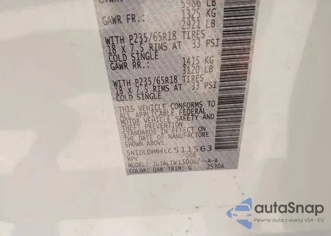 2020 Infiniti Qx60 Luxe z USA, uszkodzony, nr VIN 5N1DL0MN4LC511563